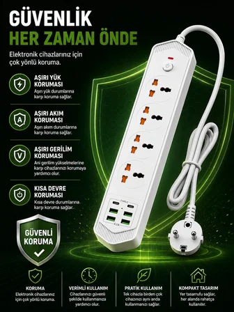 4’lü Akım Korumalı Evrensel Priz 3000W 10A, 2 Type-C + 4 USB-A, 2 Metre Kablolu Çoklu Priz