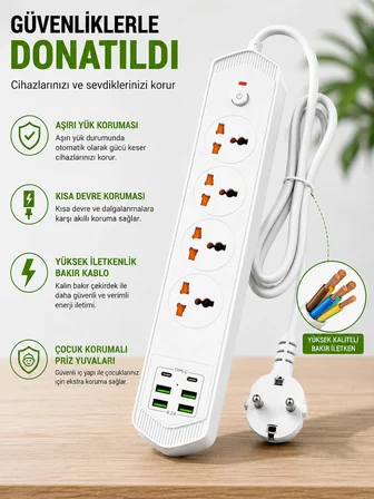 4’lü Akım Korumalı Evrensel Priz 3000W 10A, 2 Type-C + 4 USB-A, 2 Metre Kablolu Çoklu Priz