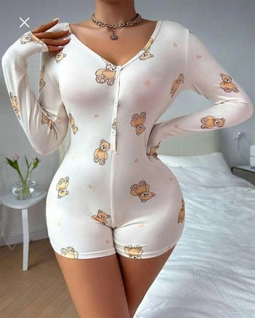kapsulavm Pamuklu Beyaz Ayıcık Desenli Düğmeli Uzun Kol Tulum Pijama