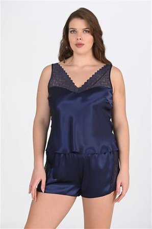 Arias Closet Büyük Beden Dantel İşlemeli Lacivert Saten Şortlu Gecelik Takımı
