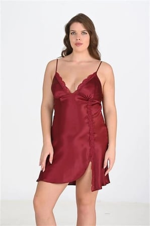 Arias Closet Premium Büyük Beden Saten Dantel İşlemeli Bordo 2'li Gecelik Sabahlık Takımı Bigsize