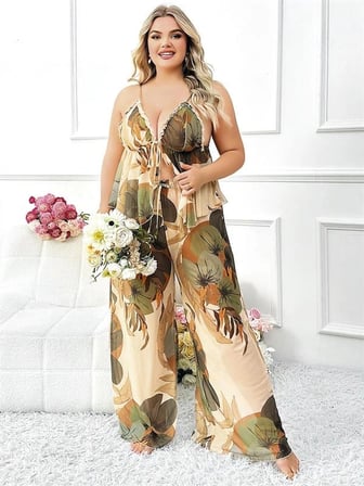 kapsulavm Özel Tasarım Büyük Beden Çiçek Desenli İnce Askılı 2'li Pijama Takımı