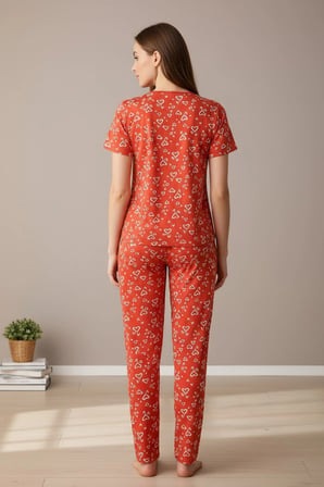 Kadın Turuncu Kalp Desenli Fiyonklu Kısa Kollu Uzun Pijama Takımı