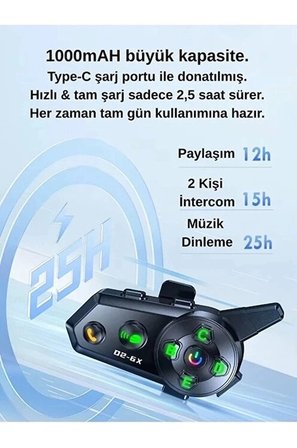 D2-6x 1000m Mesafeli 6 Kanallı İntercom Bluetoototosiklet Kask Kulaklığı İntercom Kulaklık