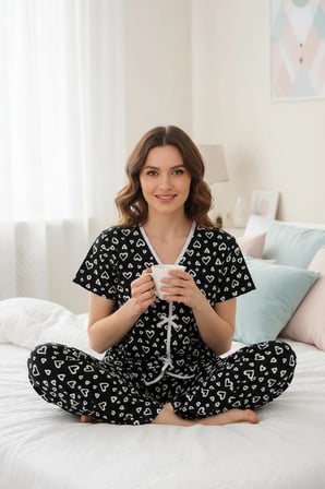 Kadın Siyah Kalp Desenli Fiyonklu Kısa Kollu Uzun Pijama Takımı