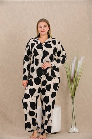 kapsulavm Büyük Beden Siyah Beyaz Kalp Desenli Düğmeli Uzun Kol Viskon Pijama Takımı
