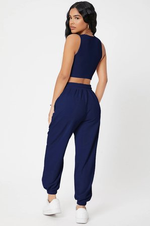 Kadın Lacivert Kaşkorse Cepli Jogger Eşofman Altı ve Crop Top Bluz