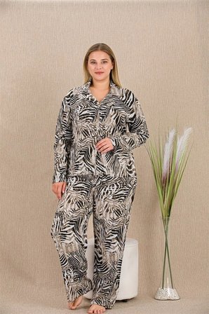 kapsulavm Büyük Beden Çizgili Düğmeli Uzun Kol Viskon Pijama Takımı