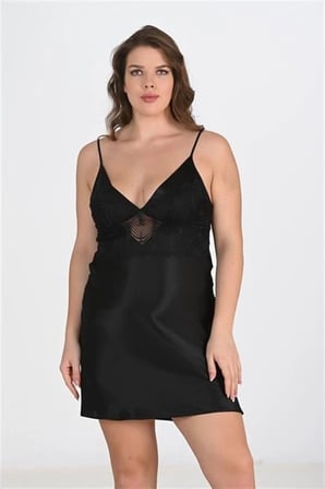 Arias Closet Premium Büyük Beden Saten Dantel İşlemeli Siyah 2'li Gecelik Sabahlık Takımı Bigsize