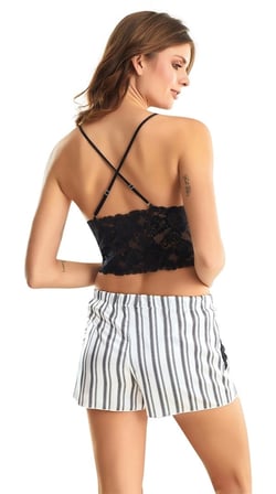 Kapsulavm Çizgili Saten Kadın Pijama Takımı Askılı Şortlu Dantelli XL