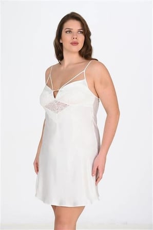 Arias Closet Premium Büyük Beden Saten Dantel İşlemeli Ekru Gecelik Bigsize