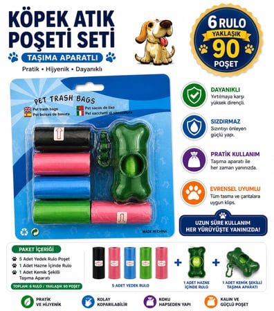 Köpek Dışkı Poşeti 6 rulo + Taşıma Aparatı Hediyeli ( 90 poşet - 6 rulo )