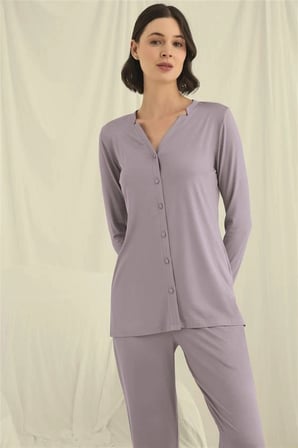 kapsulavm Uzun Kollu Boydan Düğmeli V Yaka Pijama Takımı