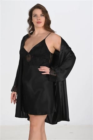 Arias Closet Premium Büyük Beden Saten Dantel İşlemeli Siyah 2'li Gecelik Sabahlık Takımı Bigsize