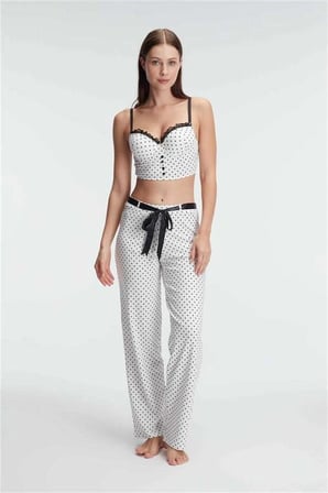 kapsulavm Fantezi Bralet Sütyen Pamuklu Puantiye Desenli Desteksiz Dantel Detaylı Pijama Takımı