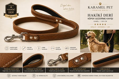 Hakiki Deri Köpek Gezdirme Kayışı Kamel 100 cm Yumuşak Doulu Tutma Saplı