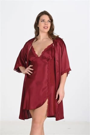 kapsulavm Premium Büyük Beden Saten Dantel İşlemeli Bordo 2'li Gecelik Sabahlık Takımı Bigsize