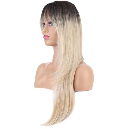 Katlı Kesim Perçemli Düz Fiber Sen Uzun Boy Peruk / Kahve / Platin Ombre ve Röfleli