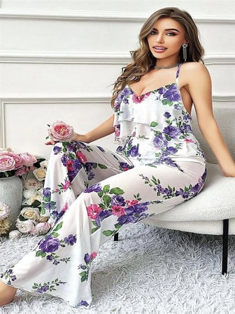 Kapsulavm Çiçek Desenli Fırfırlı 2'li Kadın Pijama Takımı 4XL Çok Renkli