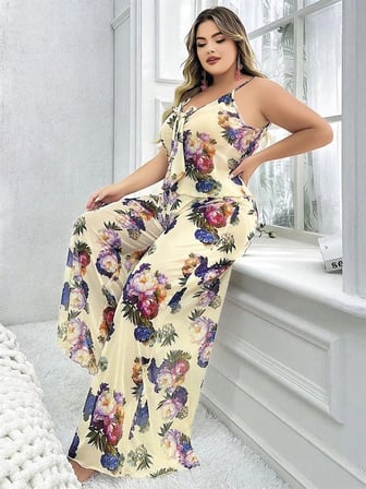 kapsulavm Özel Tasarım Büyük Beden Çiçek Desenli İnce Askılı 2'li Pijama Takımı