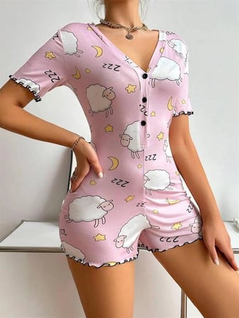 kapsulavm Pamuklu Pembe Kuzu Desenli Düğmeli Uzun Kol Tulum Pijama