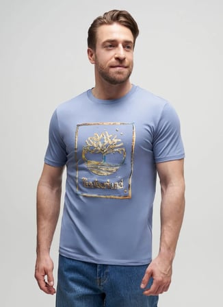 Timberland TB0A5MV4B881-Water Stack Logo Tee Mavi Yuvarlak Yaka Regular Fit Düz Erkek T-Shirt