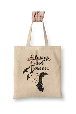 Vampire Diaries Always And Forever Beyaz Bez Çanta Uzun Saplı Alışveriş Çantası Plaj Çantası