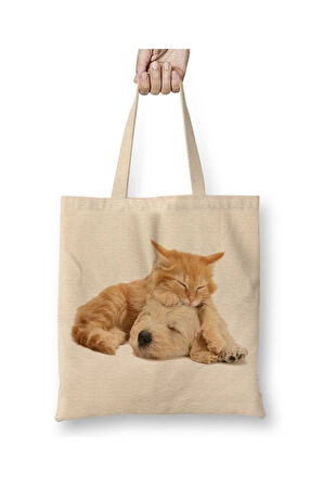 Cats and Dogs Friends Pet Kedi Köpek Beyaz Bez Çanta Uzun Saplı Alışveriş Çantası Plaj Çantası