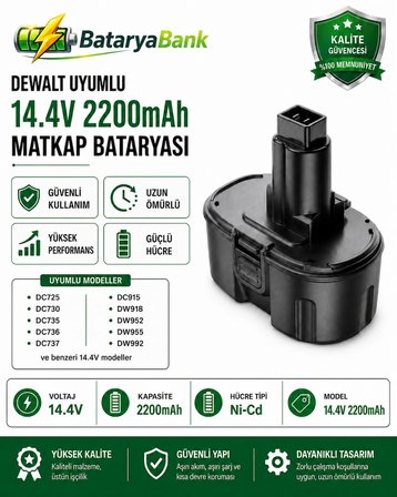 Dewalt Uyumlu 14.4V 2200mAh Ni-Cd Şarjlı Matkap Bataryası - BataryaBank