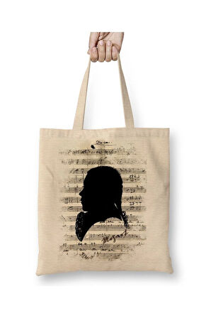 Wolfgang Amadeus Mozart Piyano Müzik Notaları Beyaz Bez Çanta Uzun Saplı Alışveriş Çantası