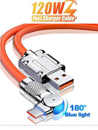 Type C 120w Watt 6 A Süper Hızlı Şarj Data Kablosu 1 Metre Type-c 180 Derece Döner