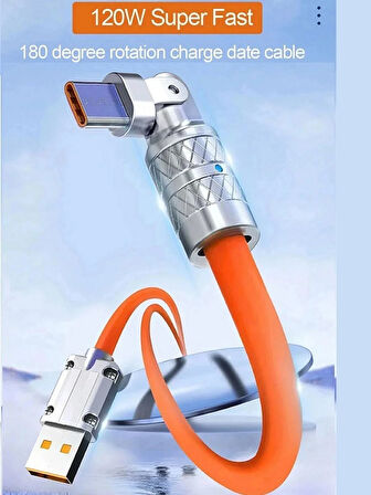 Type C 120w Watt 6 A Süper Hızlı Şarj Data Kablosu 1 Metre Type-c 180 Derece Döner
