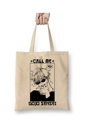 Jujutsu Kaisen Gojo Call Me Beyaz Bez Çanta Uzun Saplı Alışveriş Çantası Plaj Çantası