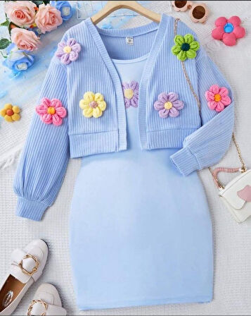 Kız Çocuk Kalın Askılı Elbise Ve Hırka Kombin Motif Detaylı Lotus 