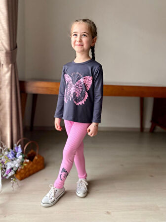 KELEBEK BASKI FİTİLLİ  KIZ TAYT TAKIM