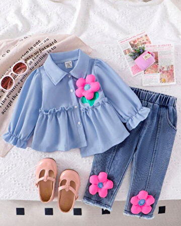Denim Kot  Üst Poplin Gömlek Dolgulu Papatya Aksesuar 