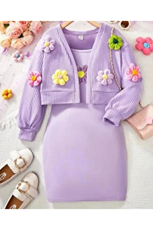 Papatya İşlemeli Elbise ve Hırkalı Takım Kıyafet Lotus