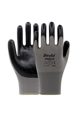 Beybi Pn810 Siyah Gri No: 10 Polyester Astarlı Nitril Eldiven 12 Çift