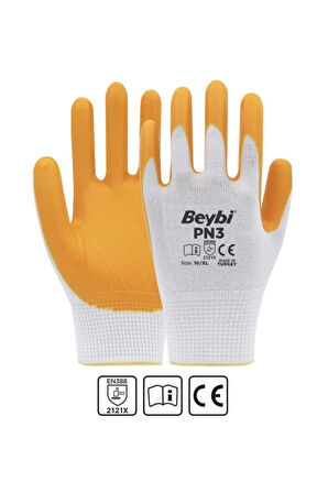 Beybi Pn3 No: 10 Beyaz - Sarı Polyester Astarlı Nitril Eldiven 12 Çift