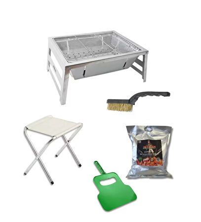 Ayaklı Katlanır Mangal+Tabure+Fırça+Kömür+Yelpaze Mangal Seti