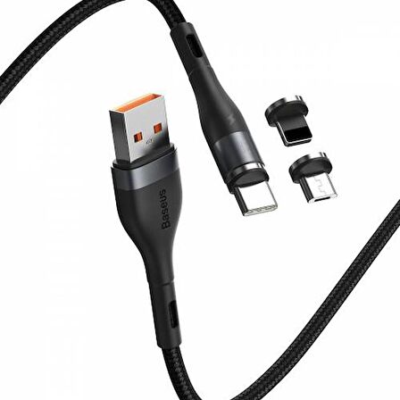 Baseus Mıknatıslı 3 Başlıklı 3A Hızlı Şarj Kablosu iPhone+Type-C+Micro Şarj İphone Huawei Şarjı