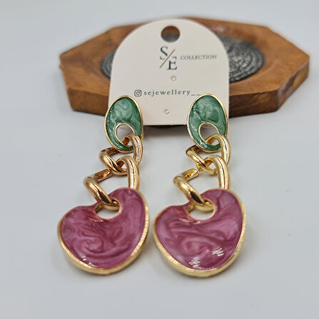 Zincir Halkalı ve Renkli Mineli Sallantılı Küpe – Kore Bijuteri, Rose Gold, Şık ve Modern Tasarım (6,6 x 2 cm)