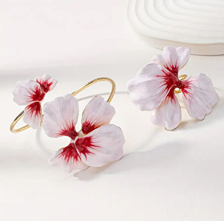 Renkli Orkide Orchid Çiçek Özel Tasarım Kadın Kelepçe Bileklik Yüzük Set Takı Seti Düğün Gelin Takıları