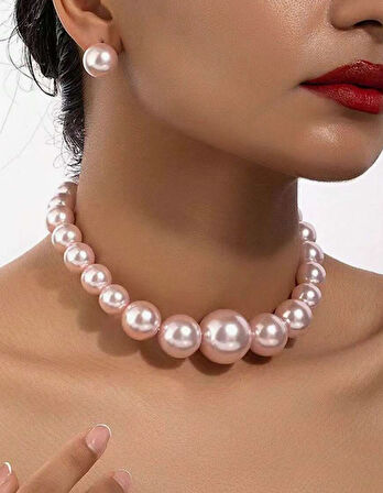 Pembe Büyük İnci Choker Kolye Küpe Set