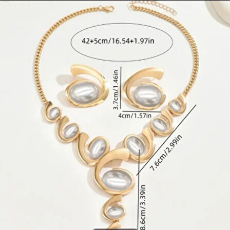 Kadın Gold Renk Modern İnci Detaylı Takı Seti – Kolye ve Küpe 2’li Şık Set