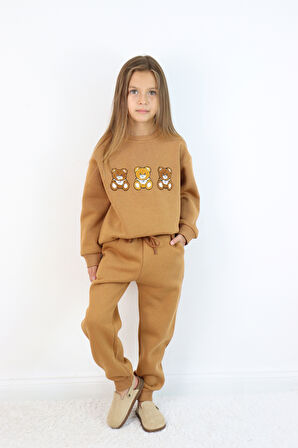 Kız Çocuk 3'lü Ayıcık Nakışlı 3 İplik Oversize Şardonlu Takım