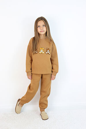 Kız Çocuk 3'lü Ayıcık Nakışlı 3 İplik Oversize Şardonlu Takım