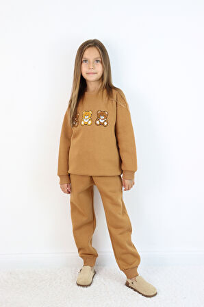 Kız Çocuk 3'lü Ayıcık Nakışlı 3 İplik Oversize Şardonlu Takım