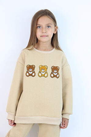 Kız Çocuk 3'lü Ayıcık Nakışlı 3 İplik Oversize Şardonlu Takım