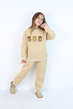 Kız Çocuk 3'lü Ayıcık Nakışlı 3 İplik Oversize Şardonlu Takım